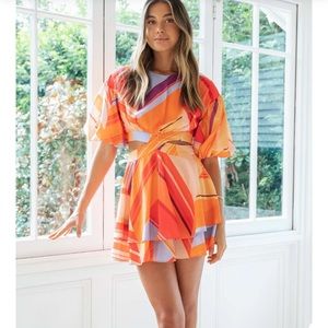 NWT multi colored cutout mini dress with puff sleeves